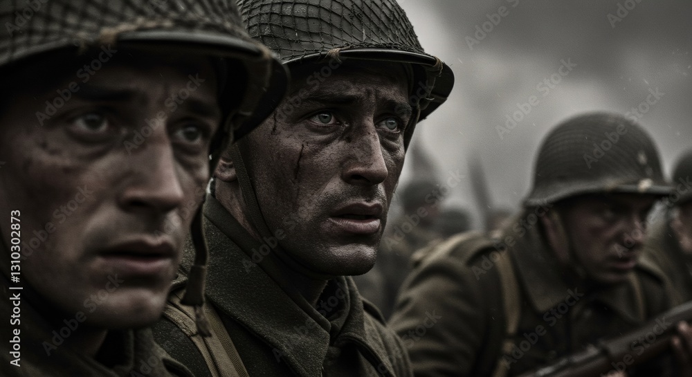 Exhausted soldiers in World War II. Gritty portrait of weary troops on battlefield. Dramatic war photography for Veterans Day or Memorial Day remembrance. Exhausted soldiers in World War II. Gritty portrait of weary troops on battlefield. Dramatic war photography for Veterans Day or Memorial Day remembrance.