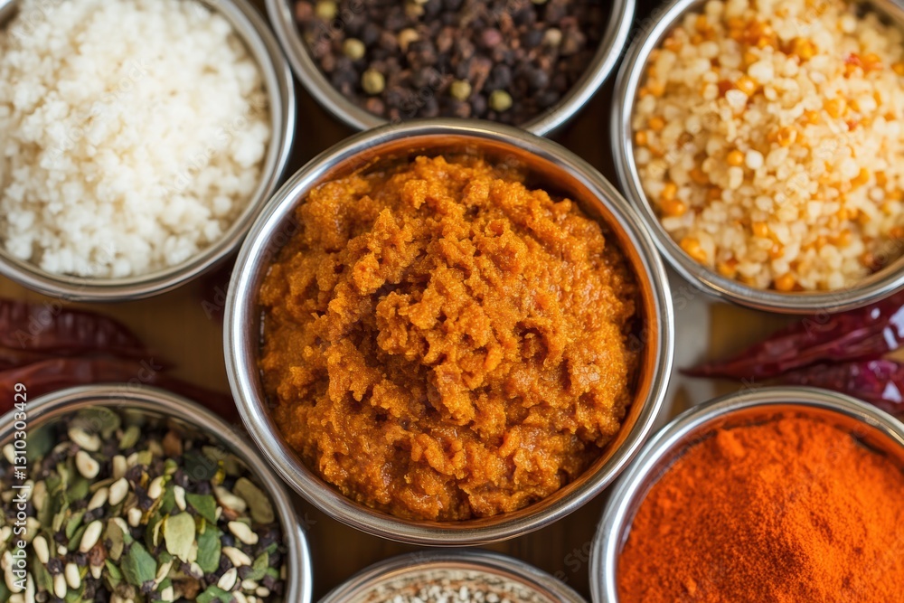 A close-up view of assorted spices arranged in small metal bowls. A close-up view of assorted spices arranged in small metal bowls.