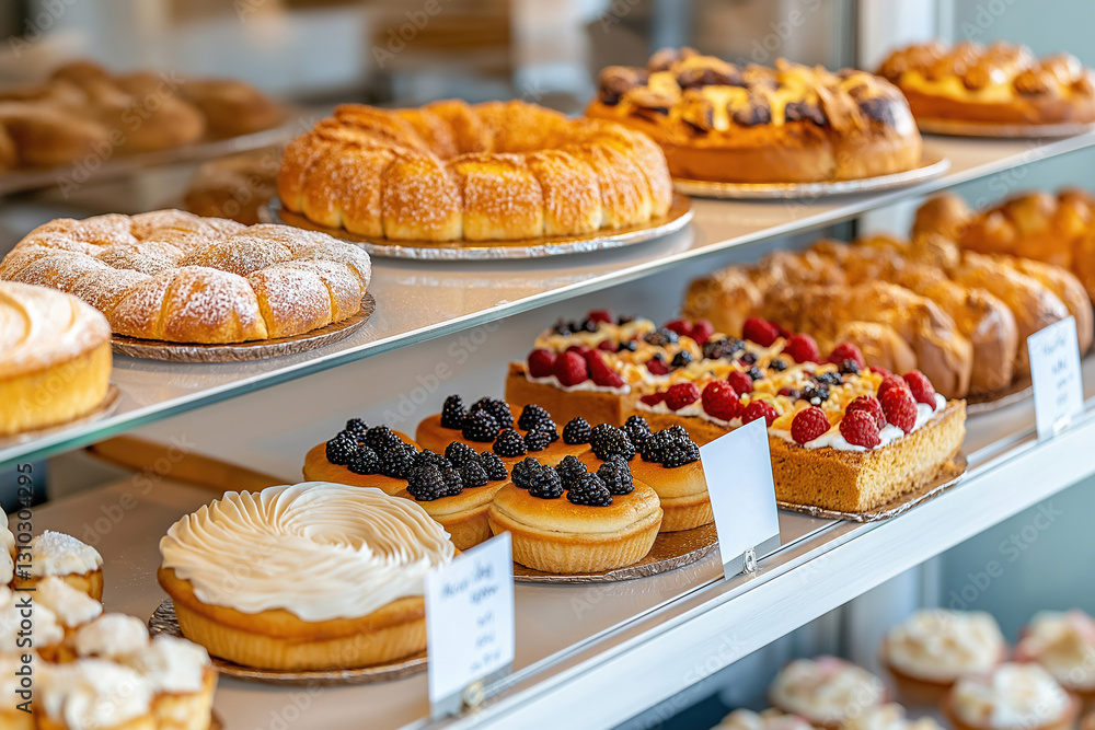 Selection of delicious pastries displayed in a modern bakery case Selection of delicious pastries displayed in a modern bakery case