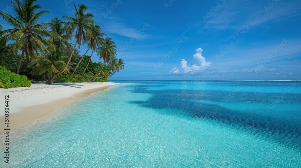 Naklejka premium Tropical paradise beach with crystal-clear turquoise waters and palm trees