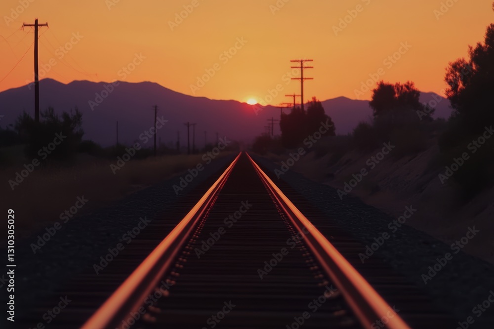 Fototapeta premium Aerial view of train tracks under a vibrant sunset sky.