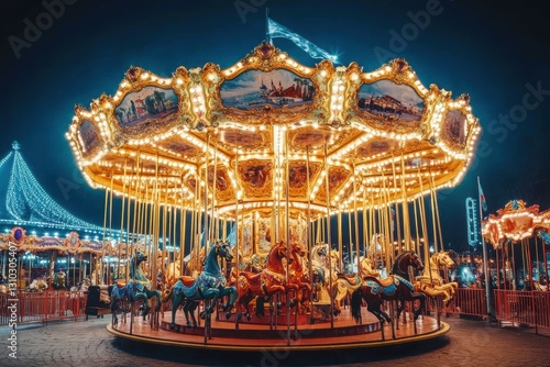 Colorful carousel with illuminated horses spinning at night.