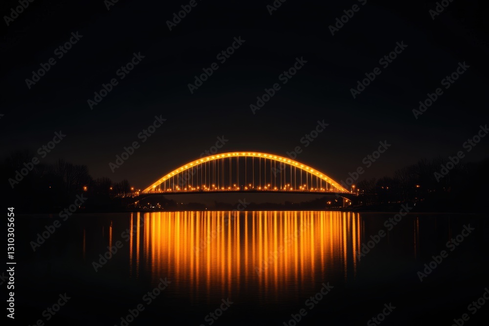 Fototapeta premium Night view of arafed bridge illuminated, reflecting lights on serene water surface.