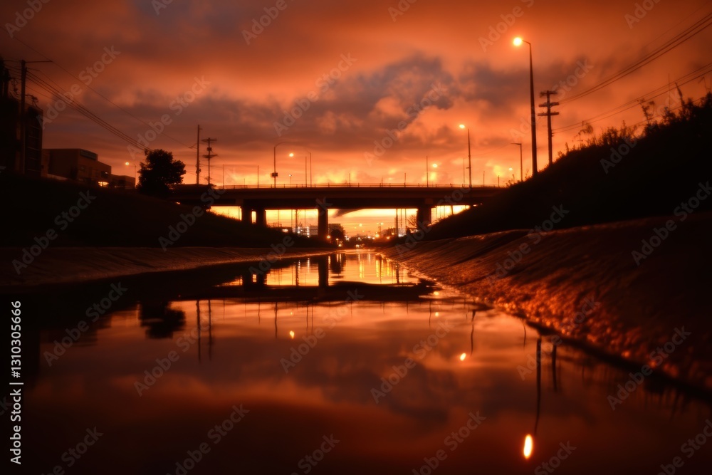 Fototapeta premium A stunning sunset casts a bridge reflection on calm water, creating a serene atmosphere.