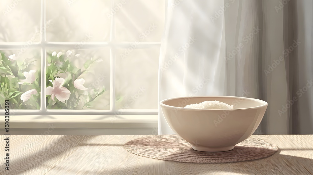 Wooden table and rice bowl under soft light Wooden table and rice bowl under soft light