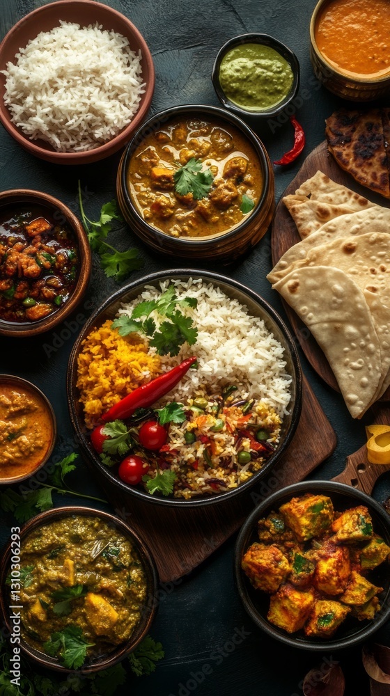 Fototapeta premium A spread of traditional Indian dishes showcases rich flavors, varied textures, and bright colors. Aromatic curries, fragrant rice, and freshly baked bread create a feast that tantalizes the senses