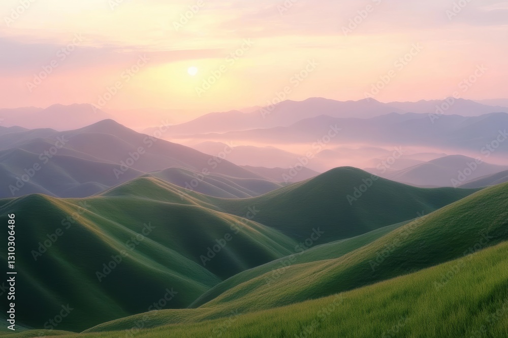 Serene mountains at sunset with a lush green field in the foreground. Serene mountains at sunset with a lush green field in the foreground.
