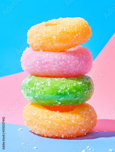 Donuts stacked atop in colorful display against a split background