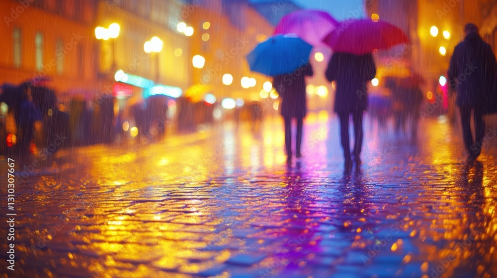 People stroll on a rainy sidewalk, using umbrellas to shield themselves from the downpour. People stroll on a rainy sidewalk, using umbrellas to shield themselves from the downpour.