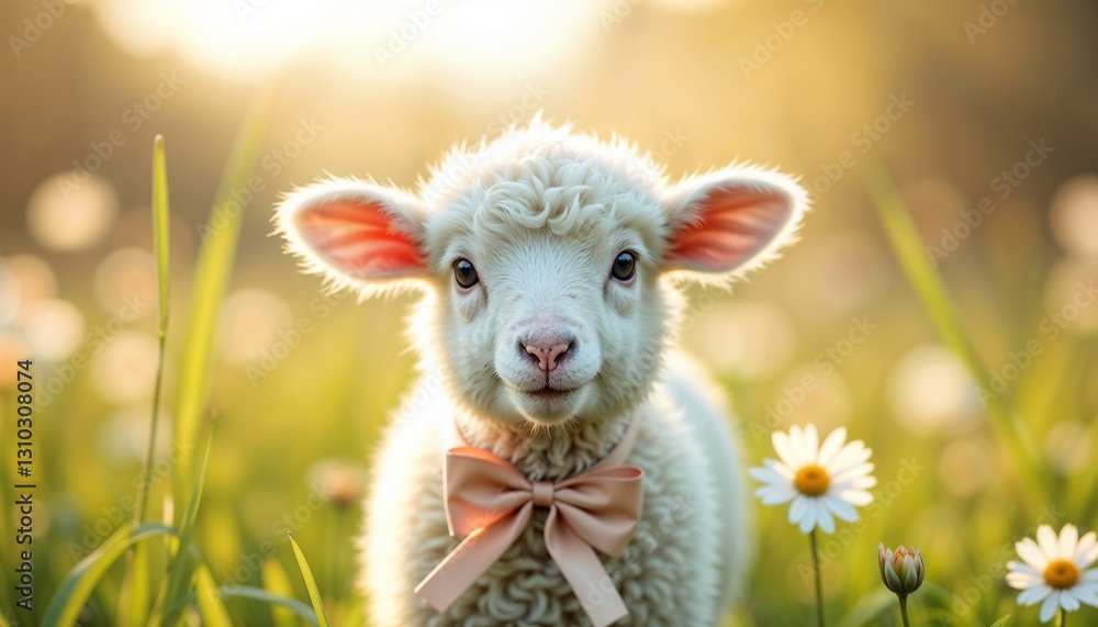 Cute lamb with a bow in a sunlit flower field Cute lamb with a bow in a sunlit flower field
