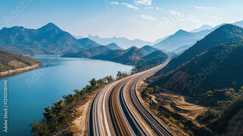 Aerial View of Winding Railway Tracks Through Mountainous Landscape by Serene Water Body
