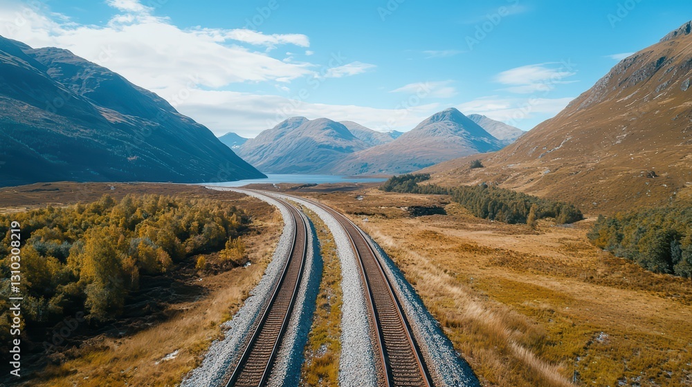 Aerial View of Winding Railway Tracks Surrounded by Scenic Mountains and Lush Greenery