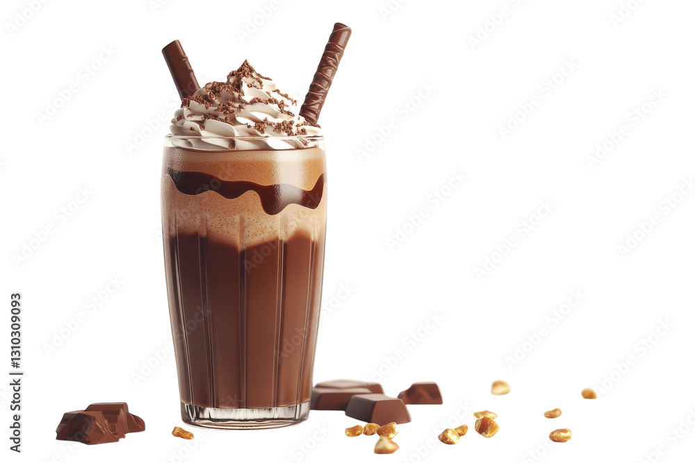 Rich chocolate milkshake topped with whipped cream and chocolate pieces in a tall glass Rich chocolate milkshake topped with whipped cream and chocolate pieces in a tall glass
