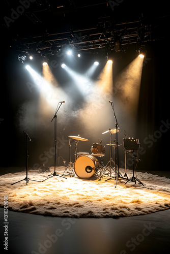 Drumset on stage lit by spotlights in smoky, dark concert venue, music, show