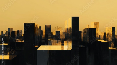 A city skyline, black and gold, golden hour. minimal, elegant.