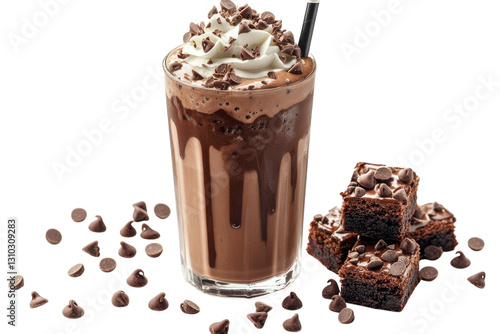 Delicious chocolate milkshake served with fudgy brownies and chocolate chips on a white background
