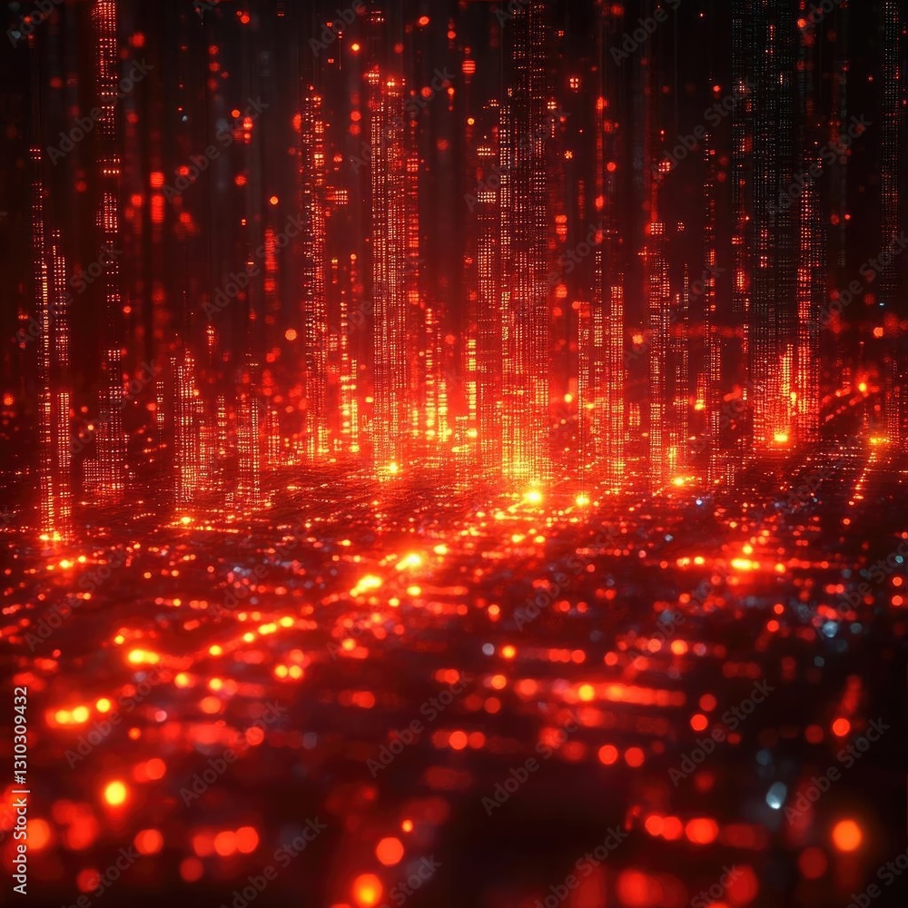 Fototapeta premium Abstract digital landscape with glowing red and orange lights representing data flow and technology