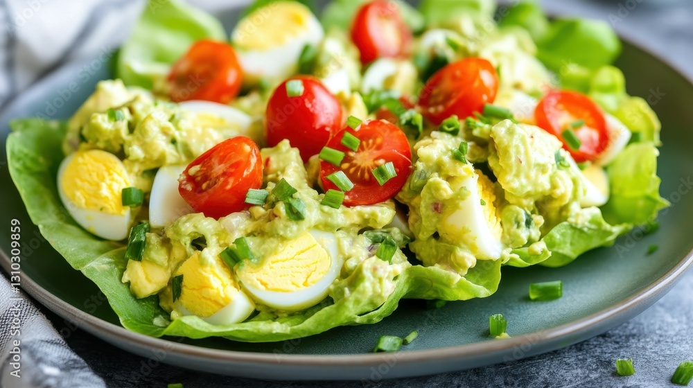 A plate of Avocado Egg Salad Lettuce Wraps, with creamy avocado egg salad nestled in large, crisp lettuce leaves. The salad is topped with halved cherry tomatoes and a sprinkle of fresh chives. A plate of Avocado Egg Salad Lettuce Wraps, with creamy avocado egg salad nestled in large, crisp lettuce leaves. The salad is topped with halved cherry tomatoes and a sprinkle of fresh chives.