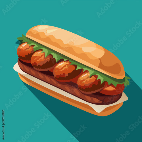 Delicious meatball sub sandwich with fresh ingredients on teal background