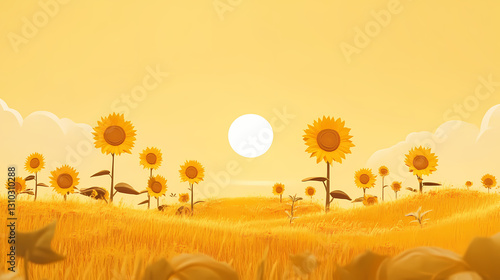 Towering sunflowers in boundless golden fields , sunny day, tall plants. Boundless - Horizon. Illustration