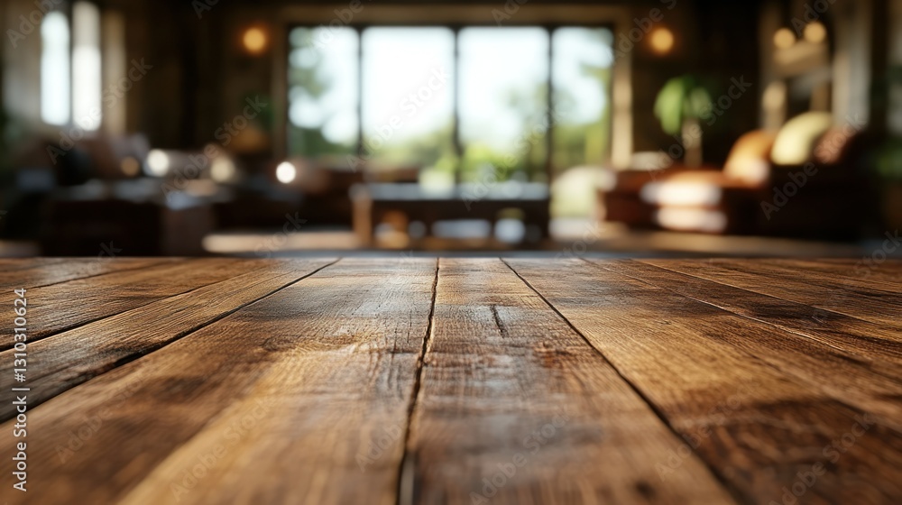 Rustic wooden table in a living room with garden view Rustic wooden table in a living room with garden view