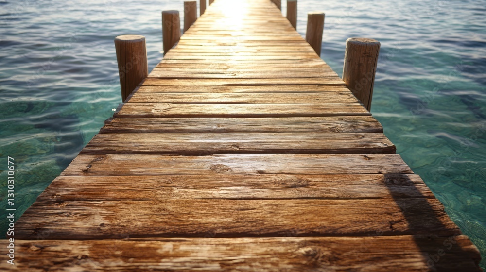 Fototapeta premium Wooden pier stretches into clear ocean water under a bright sky.