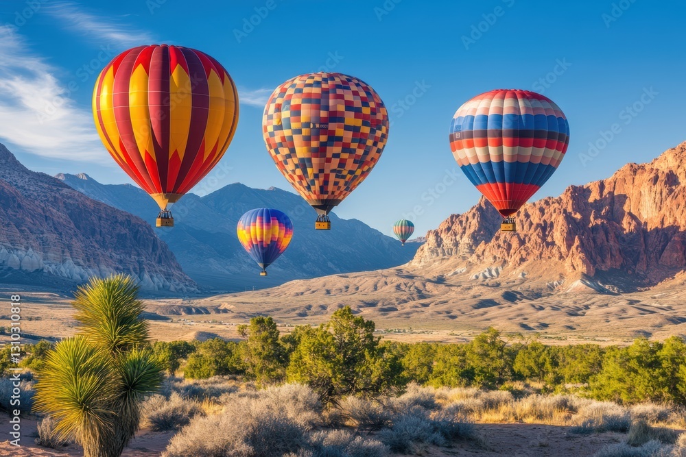 Fototapeta premium Colorful hot air balloons soar above a desert with majestic mountains in the background.