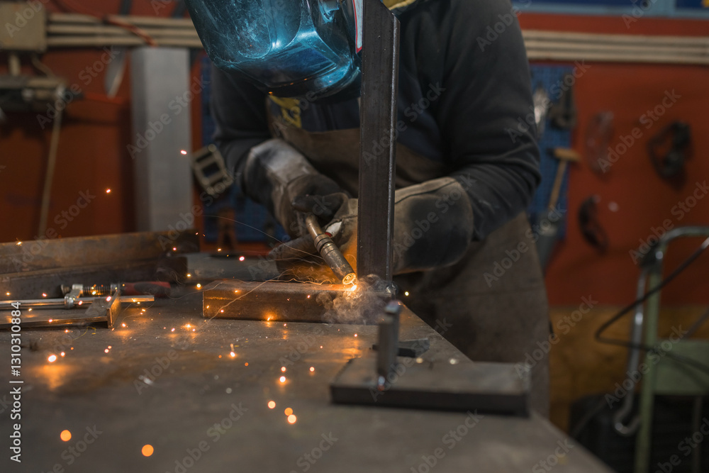 Skilled craftsman with a protective helmet and safety gear, carefully welding together metal pieces to create a sturdy construction. Skilled craftsman with a protective helmet and safety gear, carefully welding together metal pieces to create a sturdy construction.