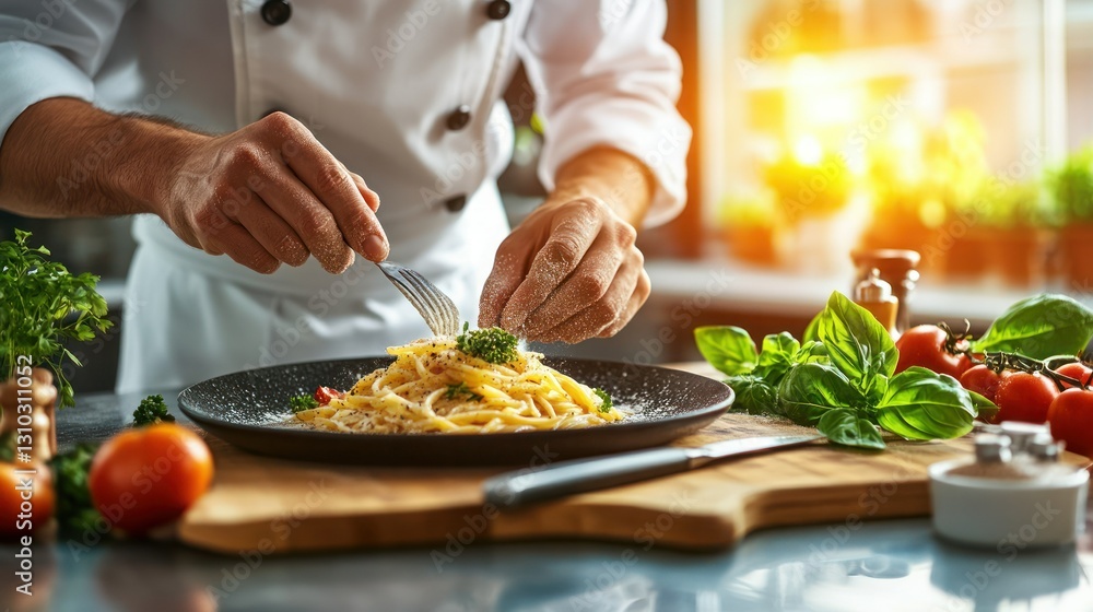 Chef preparing pasta dish in kitchen, garnishing with herbs Chef preparing pasta dish in kitchen, garnishing with herbs