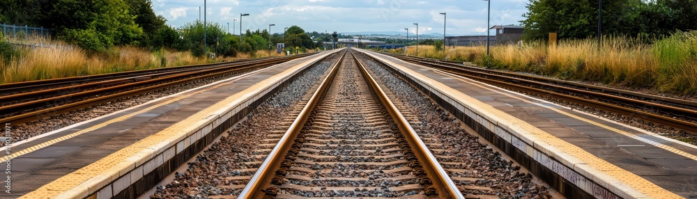 Empty Railway Station with Tracks Leading to an Incoming Train in a Rural Landscape Empty Railway Station with Tracks Leading to an Incoming Train in a Rural Landscape