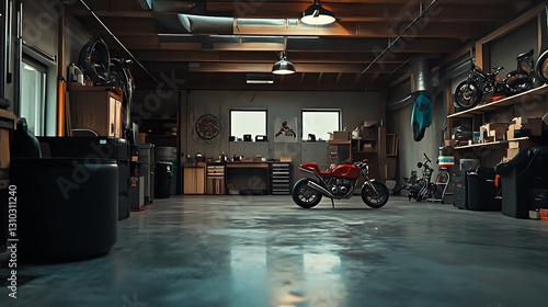 Wallpaper Mural Red Motorcycle in Spacious Garage Workspace with Workbench and Storage Torontodigital.ca