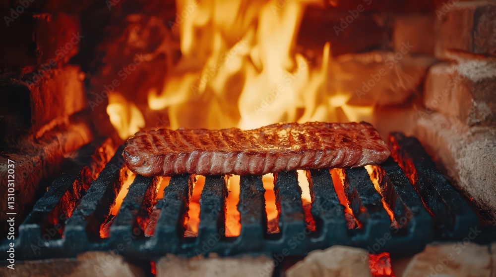 Fiery Grill with Sizzling Meat Amidst Flames Creating Chaos and Culinary Delight Fiery Grill with Sizzling Meat Amidst Flames Creating Chaos and Culinary Delight