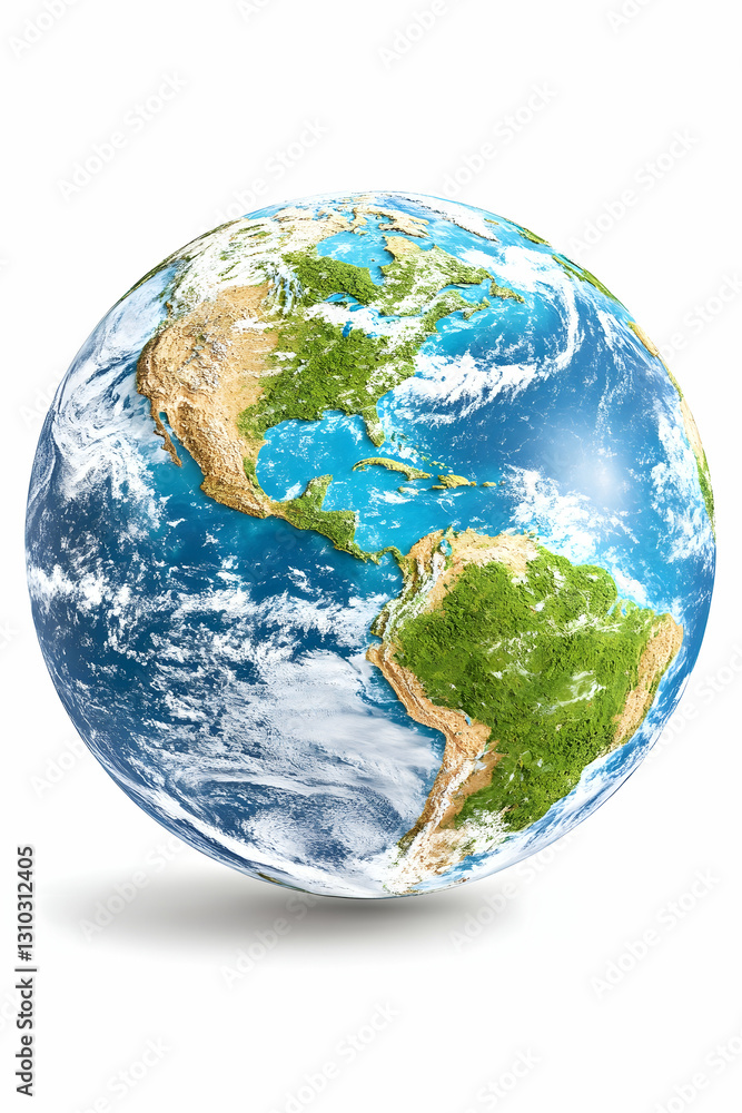 Fototapeta premium Earth globe floating, America view, isolated on white backdrop, detailed render
