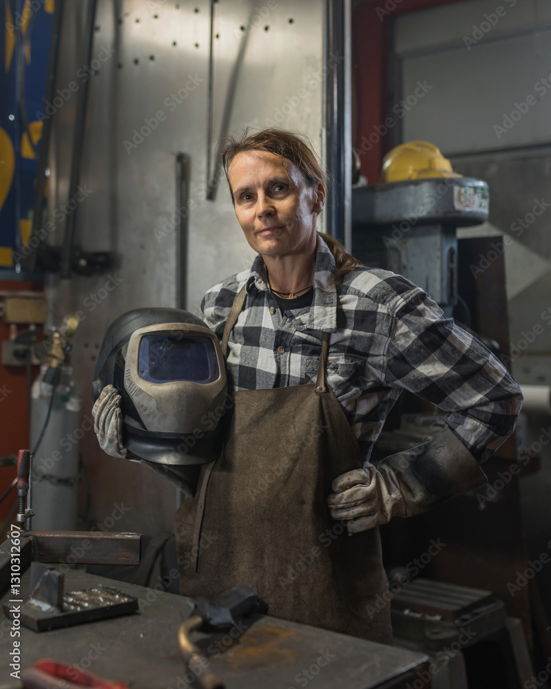 Female welder using a welding torch, taking off the face shield to look at the result of her work. Concept of women in metal industry. Female welder using a welding torch, taking off the face shield to look at the result of her work. Concept of women in metal industry.