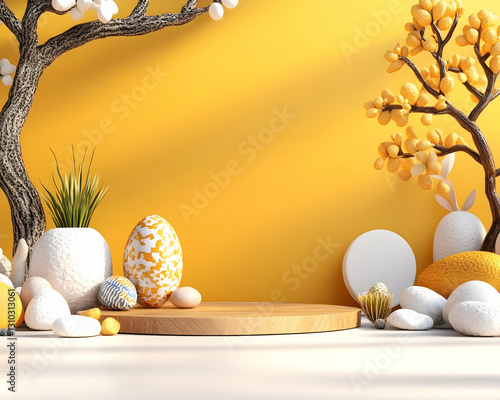 Easter display eggs, blossoms, podium, sunny background, tabletop studio scene