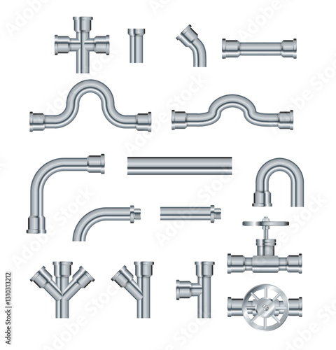 Pipe. Metallic pipes plumbing fittings. Industry pipeline. Vector