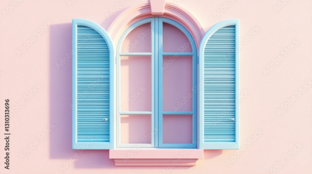 Fototapeta premium Pastel pink wall with arched window and light blue shutters.