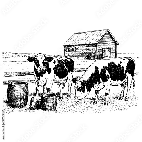 Farm life with cattle grazing near a rustic barn and barrels in a serene countryside landscape