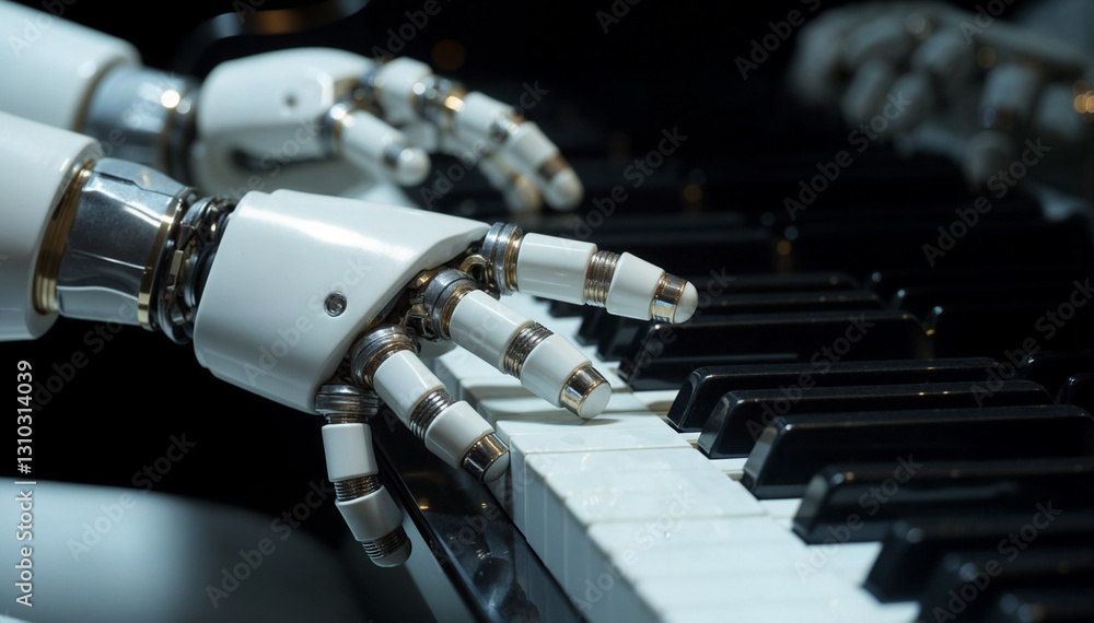 Naklejka premium a close-up of a robotic hand playing a piano. The mechanical fingers are pressing the piano keys, demonstrating the integration of robotics and music.
