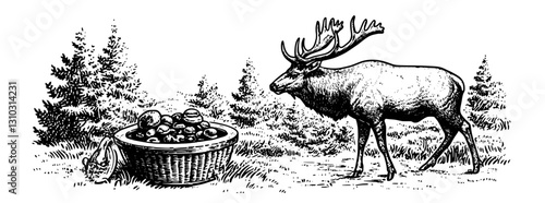 Engraved illustration of a moose encountering a basket of mushrooms in a serene forest setting