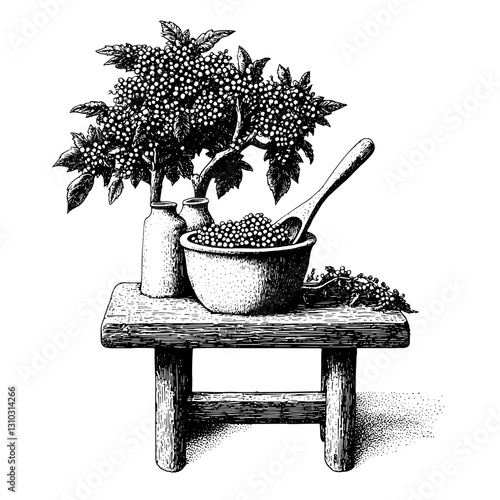 Herbal apothecary setup with a mortar and pestle surrounded by fresh plant leaves and jars creating a rustic feel