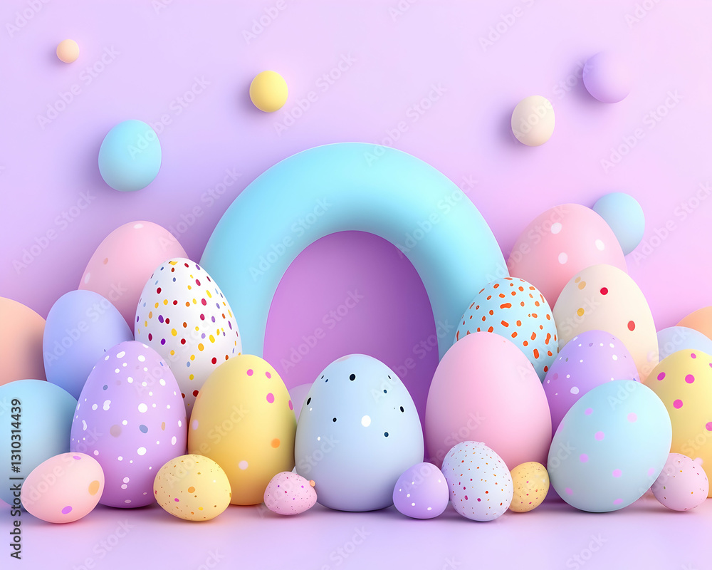 Easter eggs displayed with pastel arch and spheres against lavender background Easter eggs displayed with pastel arch and spheres against lavender background