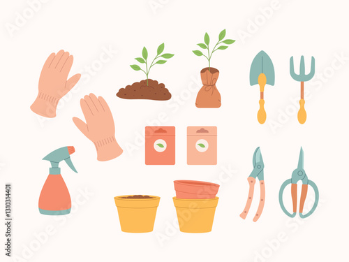 A set of gardening tools  including pruners, a watering can, gloves, seed packets, potted plants, and hands planting a seedling. Ideal for eco-friendly, botanical, and gardening-related 