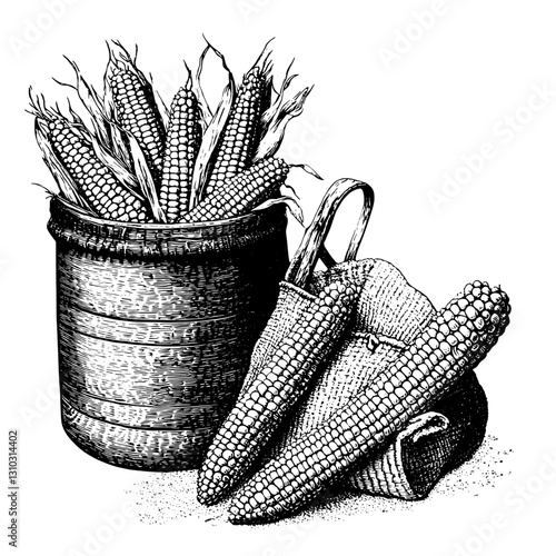 Engraved illustration of corn in a woven basket alongside ear of corn for tattoo and packaging design inspiration