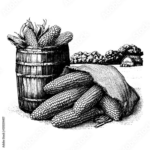 Engraved corn harvest illustration showcasing fresh produce, rustic barrels, and countryside charm in a vintage tattoo style