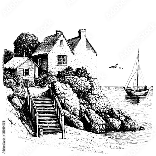 Engraved coastal retreat featuring quaint cottages, rocky shores, and a sailboat under a clear sky