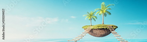A serene tropical island floats in the sky with two palm trees and ladders leading up to it, symbolizing tranquility and escape.