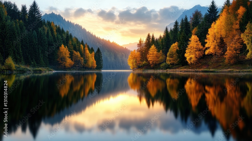 Fototapeta premium Autumn sunrise over a calm lake, reflected in still water, with vibrant fall colors