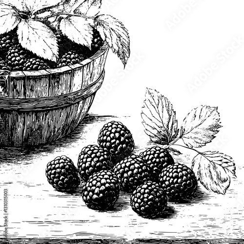 Bountiful harvest of ripe blackberries surrounded by lush green leaves in an engraved vector illustration design