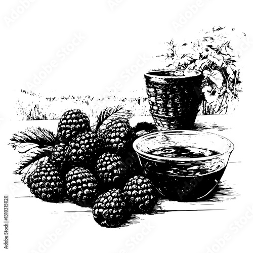 Engraved illustration featuring blackberries with sauce and a rustic cup in a natural setting